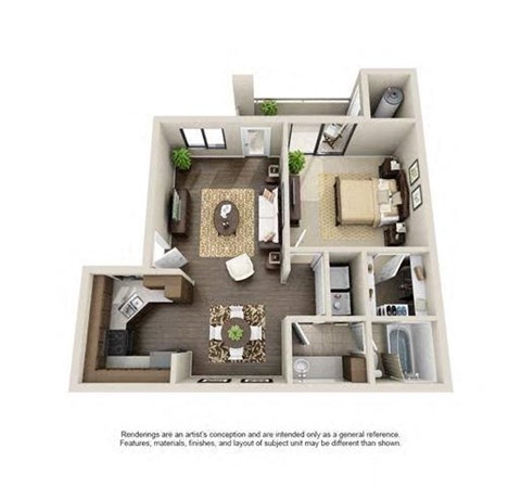 Floor plan for 1 bed, 1 bath, 730 sqft